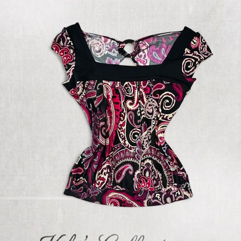 Y2K Goth Style Paisley Print Multicolored Square Neck Top with Open Back - Picture 4 of 6